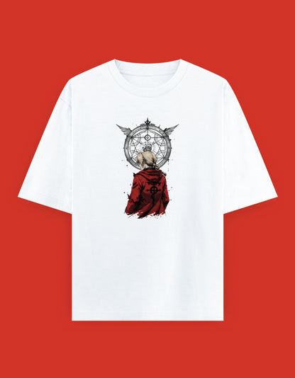 Fullmetal Alchemist: Brotherhood oversized T-shirt featuring Edward Elric from the back wearing the Flamel Symbol coat with a Transmutation Circle background