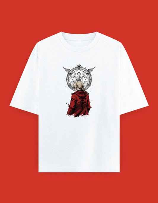 Fullmetal Alchemist: Brotherhood oversized T-shirt featuring Edward Elric from the back wearing the Flamel Symbol coat with a Transmutation Circle background