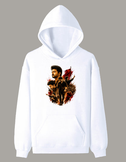 White premium unisex hoodie featuring a Vijay-inspired cinematic collage graphic with vibrant DFT printing.