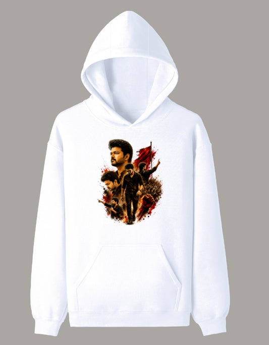 White premium unisex hoodie featuring a Vijay-inspired cinematic collage graphic with vibrant DFT printing.