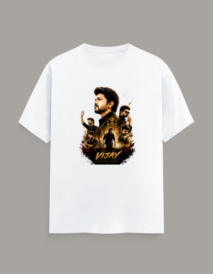 White regular fit crew neck t-shirt featuring a premium Vijay-inspired graphic with vibrant DFT printing.