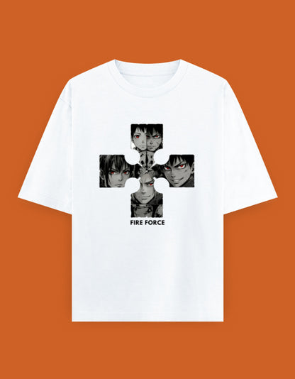 White oversized t-shirt featuring a monochrome anime-inspired character collage with glowing red eyes and premium DTG printed artwork.