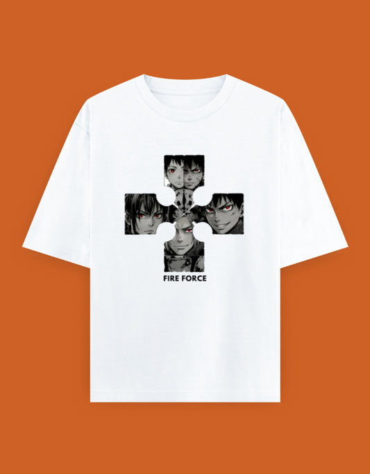White oversized t-shirt featuring a monochrome anime-inspired character collage with glowing red eyes and premium DTG printed artwork.