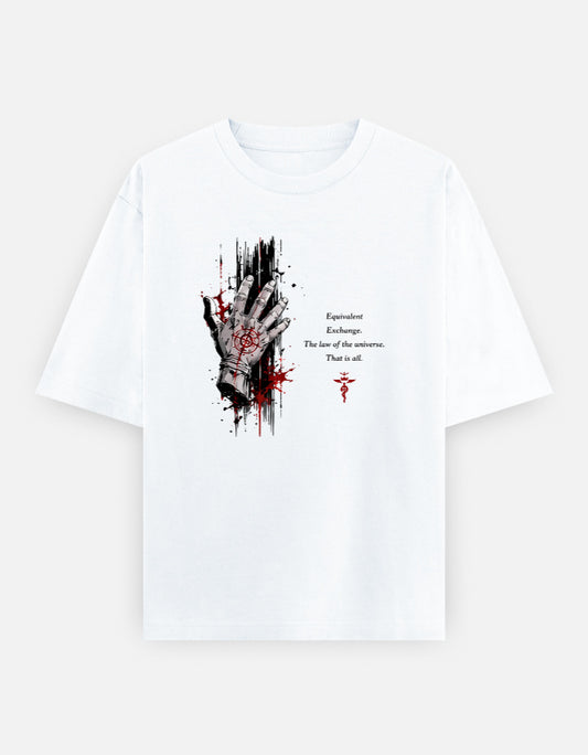 White oversized t-shirt featuring a monochrome hand illustration with red alchemy-inspired accents and minimalist symbolic artwork.
