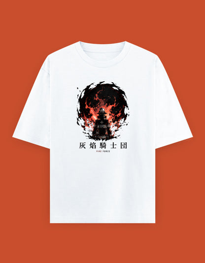 Fire Force oversized T-shirt featuring a silhouetted Fire Force soldier standing before blazing infernal flames with Japanese Fire Force typography