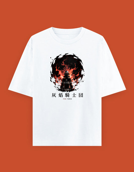 Fire Force oversized T-shirt featuring a silhouetted Fire Force soldier standing before blazing infernal flames with Japanese Fire Force typography