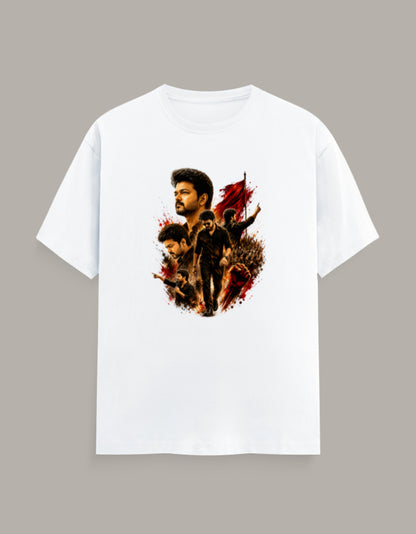 White regular fit crew neck t-shirt featuring a cinematic graphic inspired by Vijay, printed with premium DTG technology on soft 180 GSM cotton.