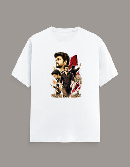 White regular fit crew neck t-shirt featuring a bold Vijay-inspired graphic with premium DFT printing.