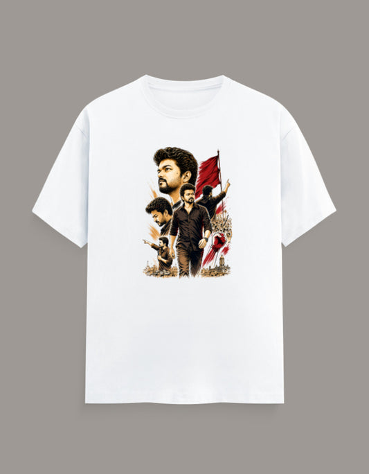 White regular fit crew neck t-shirt featuring a bold Vijay-inspired graphic with premium DFT printing.