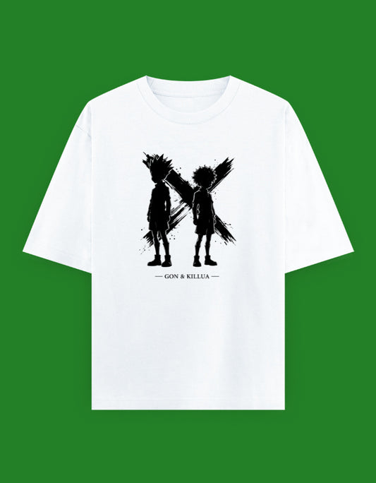 Hunter × Hunter oversized T-shirt featuring minimalist silhouettes of Gon Freecss and Killua Zoldyck with a bold ink-brush X background