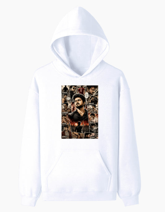 White premium unisex hoodie featuring a cinematic collage graphic inspired by Thalapathy with vibrant DFT printing.