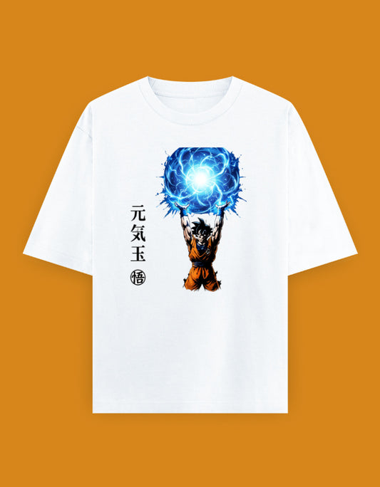 Dragon Ball Z oversized T-shirt featuring Son Goku charging the Spirit Bomb (Genki Dama) with Japanese Genki Dama text and blue energy artwork