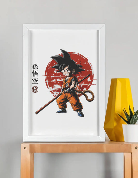 Kid Goku framed anime wall art with glossy laminated finish, premium 1-inch white frame, and 2 mm board, perfect for bedroom, gaming room, office, and home décor.