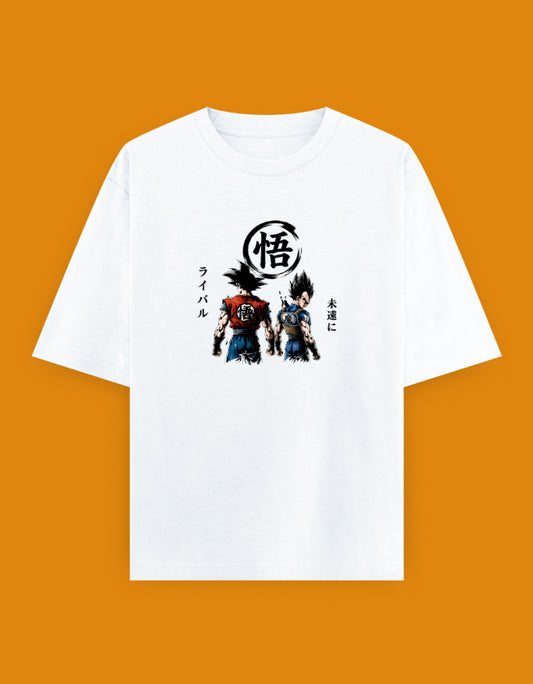 White oversized t-shirt featuring anime-inspired Saiyan rivals standing side by side with Japanese typography and bold graphic artwork printed on the front.