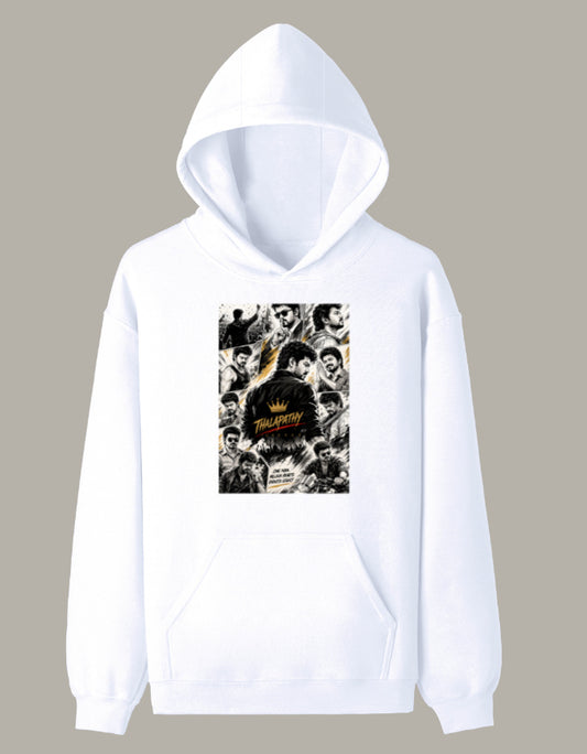 White premium unisex hoodie featuring a collage-style graphic inspired by Thalapathy with vibrant DFT printing.