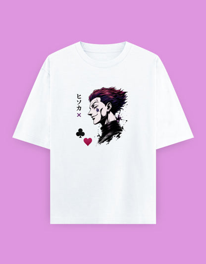 Hunter × Hunter oversized T-shirt featuring Hisoka Morow in a side-profile illustration with Japanese Hisoka text and his iconic heart and club symbols