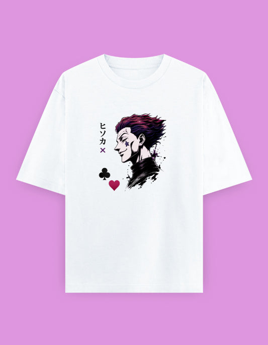 Hunter × Hunter oversized T-shirt featuring Hisoka Morow in a side-profile illustration with Japanese Hisoka text and his iconic heart and club symbols
