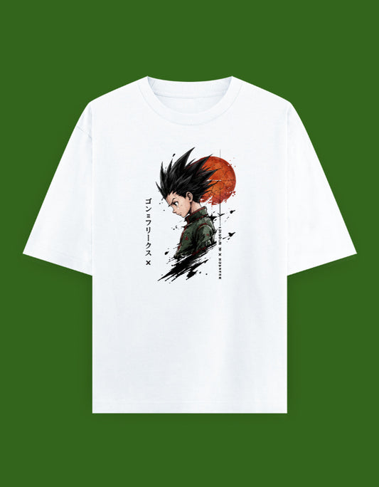 Hunter × Hunter oversized T-shirt featuring Gon Freecss in a side-profile illustration with Japanese text and a crimson sun background