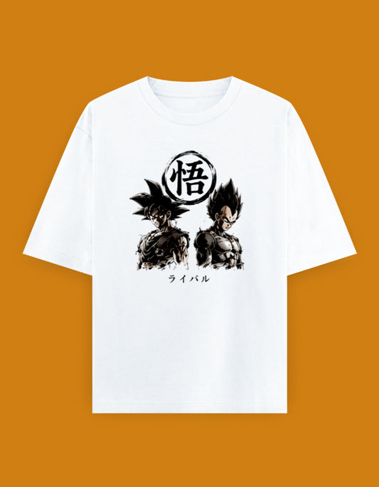 Dragon Ball oversized T-shirt featuring Son Goku and Vegeta with the iconic Go kanji and Japanese Rival text in monochrome anime artwork