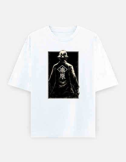 Crimson red oversized t-shirt featuring a vintage anime-inspired monochrome illustration of a mysterious shopkeeper viewed from behind with Japanese-inspired typography on the front.