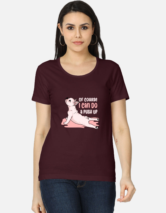 Women's Funny Dog Graphic T-Shirt in Maroon - casual cotton tee front view