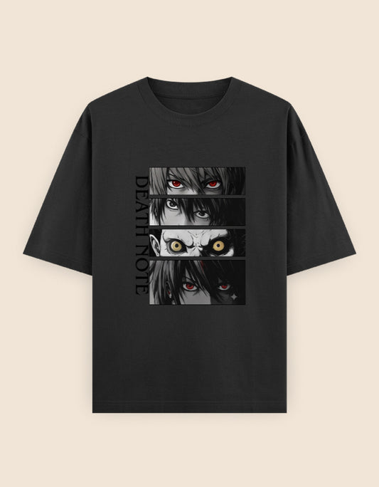 Black oversized t-shirt featuring an anime-inspired graphic of four intense character eyes with red and golden highlights in a minimalist manga-style streetwear design.