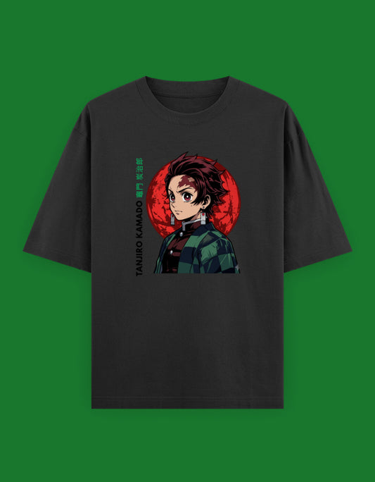 Black oversized t-shirt featuring an anime-inspired hero portrait with a crimson moon background printed on the front.