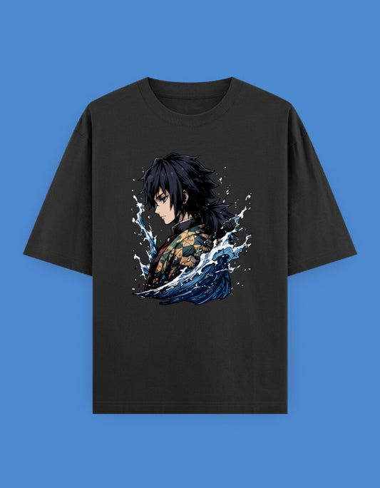 Black oversized t-shirt featuring an anime-inspired warrior surrounded by dynamic blue ocean waves printed on the front.