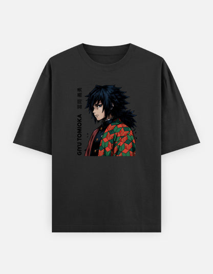 Black oversized t-shirt featuring a calm anime-inspired warrior portrait with Japanese typography printed on the front.