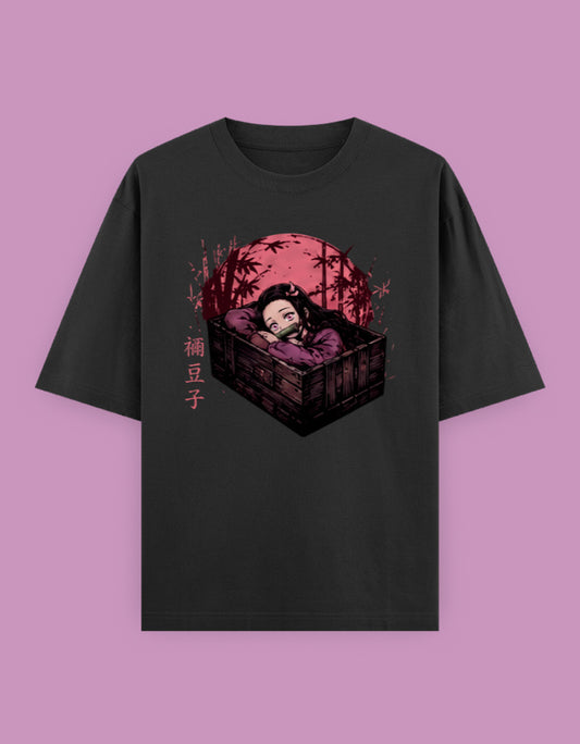 Black oversized t-shirt featuring an anime-inspired character resting in a wooden box beneath a crimson moon graphic printed on the front.