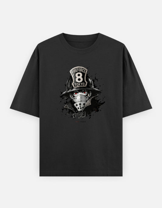 Black oversized t-shirt featuring a firefighter-inspired anime graphic with glowing red eyes and monochrome artwork printed using premium DTG technology.
