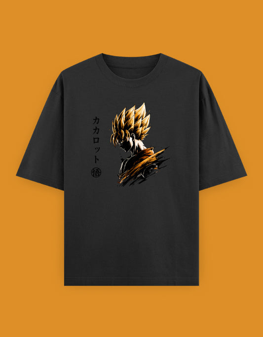 Black oversized t-shirt featuring a golden anime-inspired warrior illustration with Japanese typography and premium streetwear styling.jpg