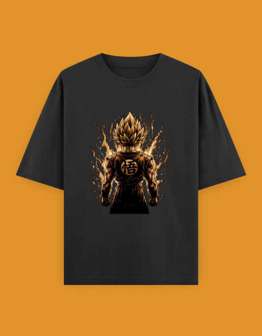 Black oversized t-shirt featuring a powerful anime-inspired warrior with glowing golden energy and a bold graphic printed on the front.