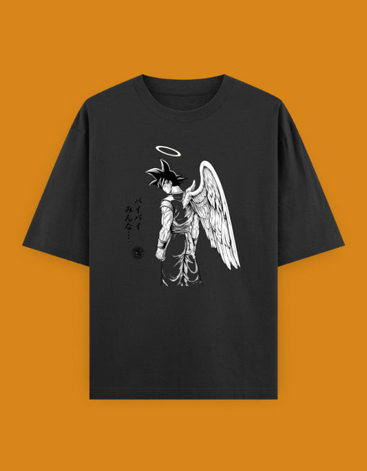 Dragon Ball Z oversized T-shirt featuring Son Goku with an angel wing, halo, and Japanese Goodbye Everyone text in monochrome anime artwork