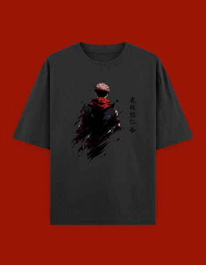 Black oversized t-shirt featuring a minimalist anime-inspired warrior illustration with crimson highlights and Japanese typography printed on the front.