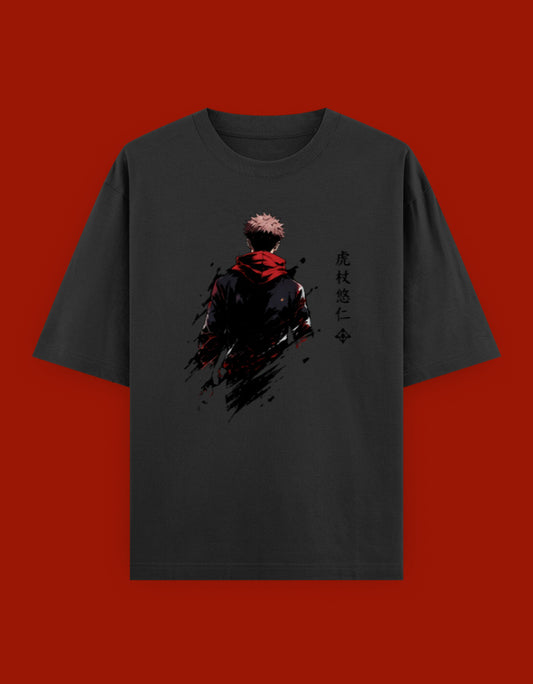 Black oversized t-shirt featuring a minimalist anime-inspired warrior illustration with crimson highlights and Japanese typography printed on the front.