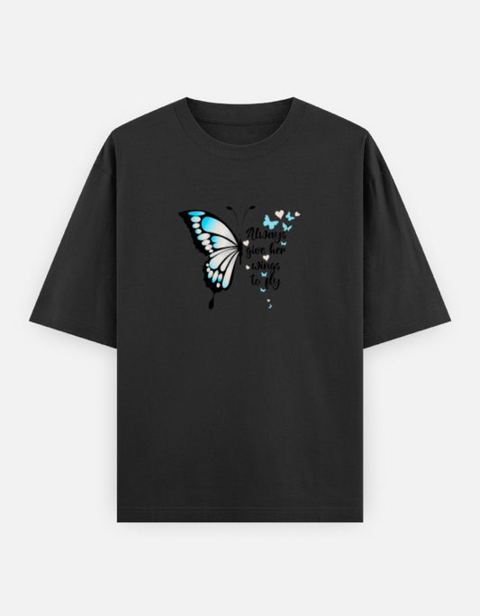 Black oversized t-shirt featuring a blue butterfly graphic with the inspirational quote "Always give her wings to fly" printed on the front.
