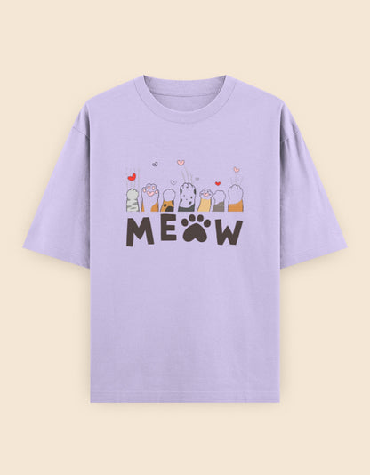 Lavender oversized t-shirt featuring a cute "MEOW" graphic with adorable cat paws and heart illustrations printed on the front.
