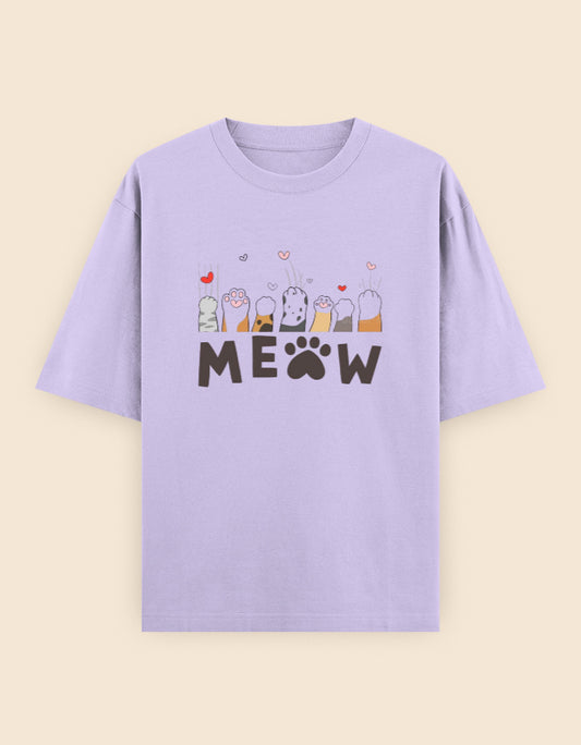 Lavender oversized t-shirt featuring a cute "MEOW" graphic with adorable cat paws and heart illustrations printed on the front.