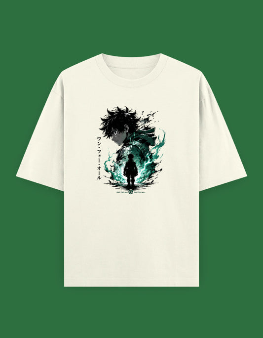 Off-white oversized t-shirt featuring an anime-inspired hero illustration with emerald green energy effects, Japanese typography, and premium streetwear styling.