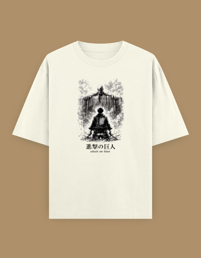 Off-white oversized t-shirt featuring a monochrome anime-inspired illustration of a lone warrior standing before a giant figure on the front.