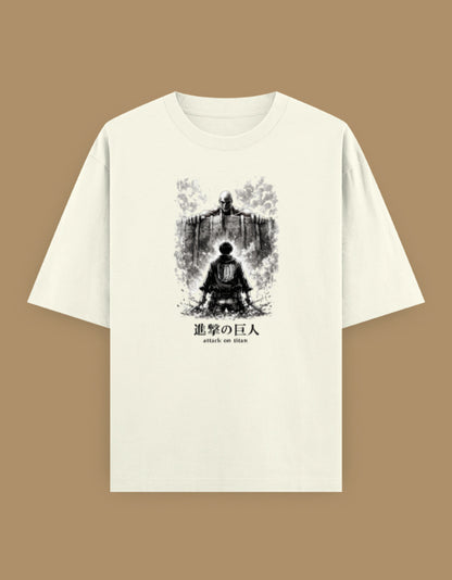 Off-white oversized t-shirt featuring a monochrome anime-inspired illustration of a lone warrior standing before a giant figure on the front.