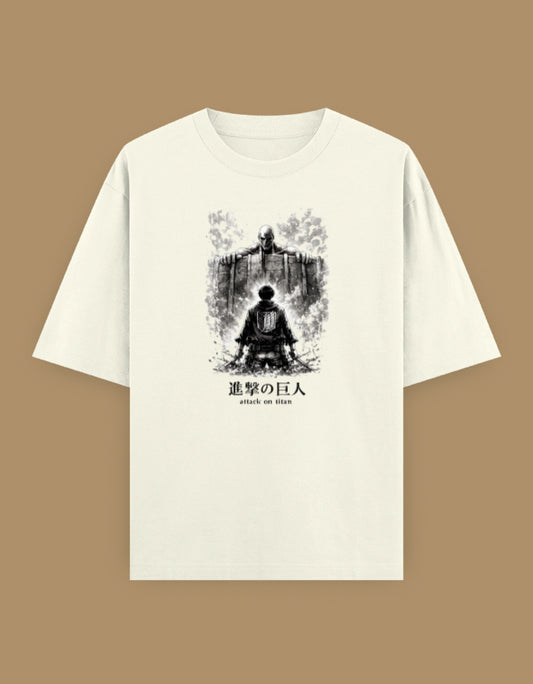 Off-white oversized t-shirt featuring a monochrome anime-inspired illustration of a lone warrior standing before a giant figure on the front.