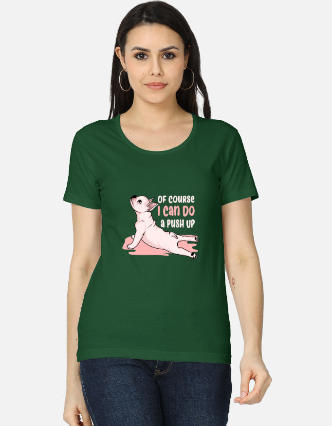 Women's Funny Dog Graphic T-Shirt in Bottle Green - casual cotton tee front view