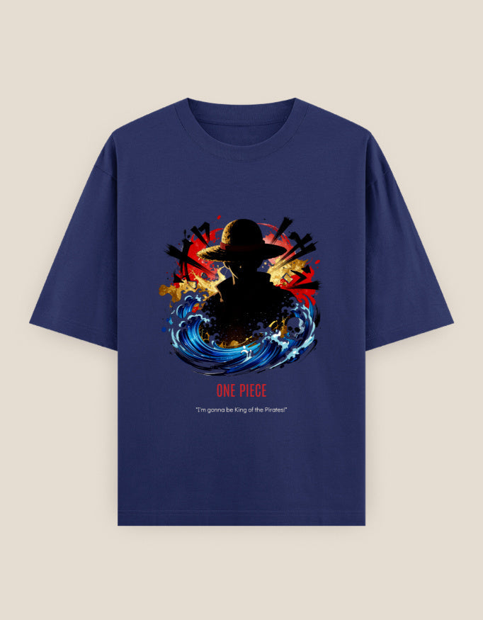 Anime Oversized Heavyweight T-Shirt in Navy Blue - unisex anime streetwear cotton tee front view