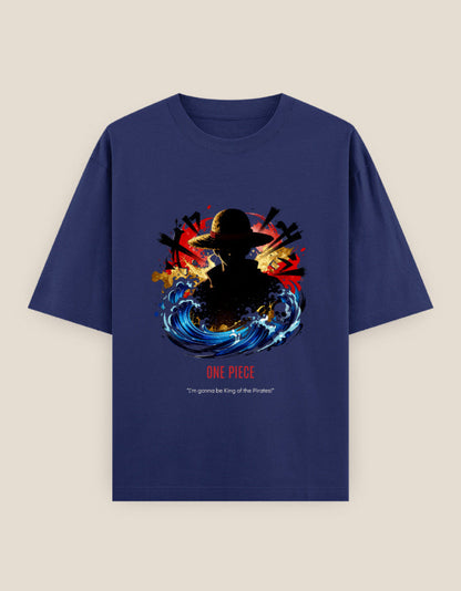 Anime Oversized Heavyweight T-Shirt in Navy Blue - unisex anime streetwear cotton tee front view