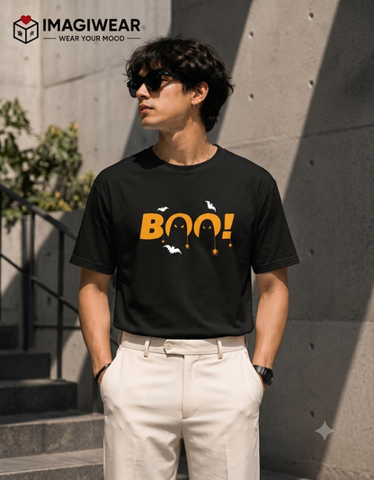 Boo Halloween Graphic T-Shirt – Spooky Bat & Pumpkin Design | Unisex Regular Fit 180 GSM