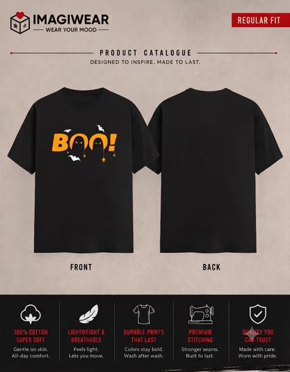 Boo Halloween Graphic T-Shirt – Spooky Bat & Pumpkin Design | Unisex Regular Fit 180 GSM