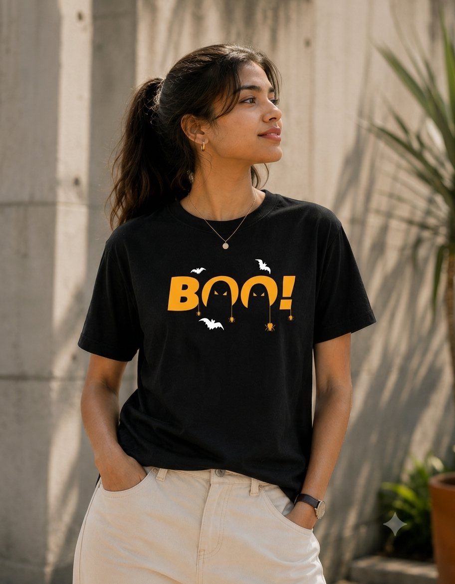 Boo Halloween Graphic T-Shirt – Spooky Bat & Pumpkin Design | Unisex Regular Fit 180 GSM