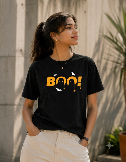 Boo Halloween Graphic T-Shirt – Spooky Bat & Pumpkin Design | Unisex Regular Fit 180 GSM